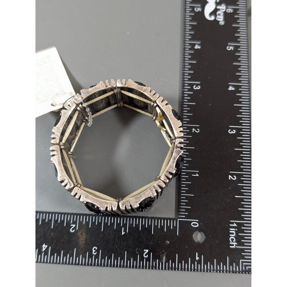 Attitudes Black Glass Bracelet Industrial Modernist Silver Tone Stretch 6.5" - Picture 8 of 9
